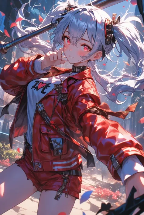 ((masterpiece, Best Quality)),flowerびら, (((Shining Red Eyes ))), ((((Close your right eye)))), A Female Warrior Who Manipulates the Power of Wind and Thunder with a Metal Baseball Bat, , Liquid Hair, flower,  silver haired twin tail、 fights with light move...