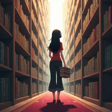 anime robin of one piece choosing a book from library with headphone seen from the back, no face