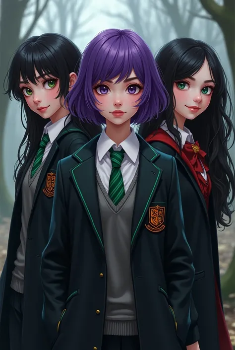  3 girls from Hogwarts one slythering with purple hair that is short short she is short a little bit wide green tie ,Another one by Ravneclaw with long black hair and white skin blue cobarta and another one by Griffindor with long black hair curly taller d...