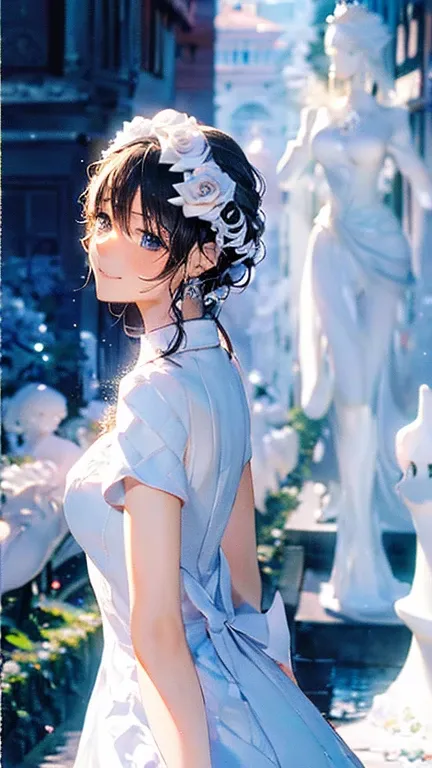 (Best Quality)),( ultra high resolution),(Super detailed),( detailed description),(( best CG )),(masterpiece),極めて精細なart,( art:1.5), (Woman in a pure white dress :1.3),Beautiful profile:1.4,(smile:1.3), sparkling jewelry:1.2, (White Rose:1.3),(Sculptures:1....