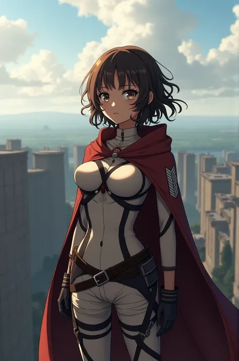 Attack on titan scout woman with brown curly coil hair and big brown eyes and a big chest standing at the top of wall maria