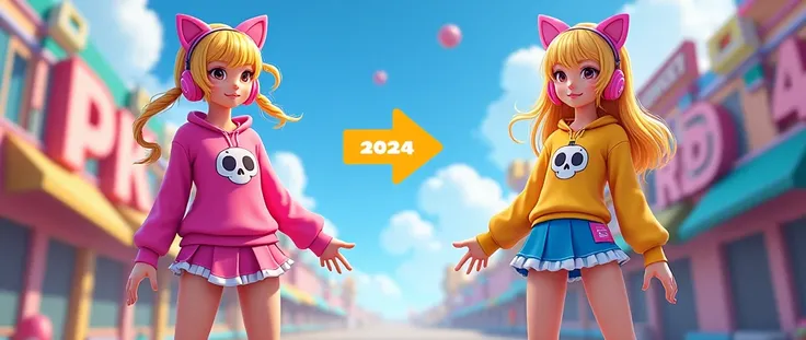 PK XD ke ek visual prompt ke liye, yeh details daal sakte ho:

Prompt: "PK XD game ke andar ek character upgrade ke evolution ka comparison dikhana hai. Ek taraf 2022 ka version hai, jismein character ek bright pink aur yellow outfit mein hai, jismein cat ...