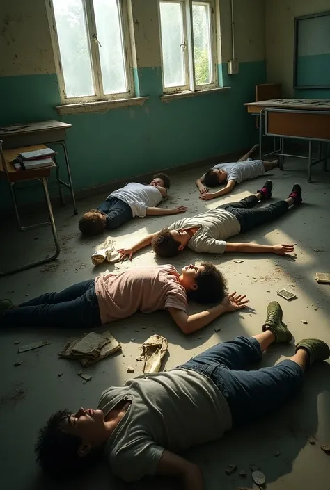 Unconscious teenage students in an abandoned classroom 