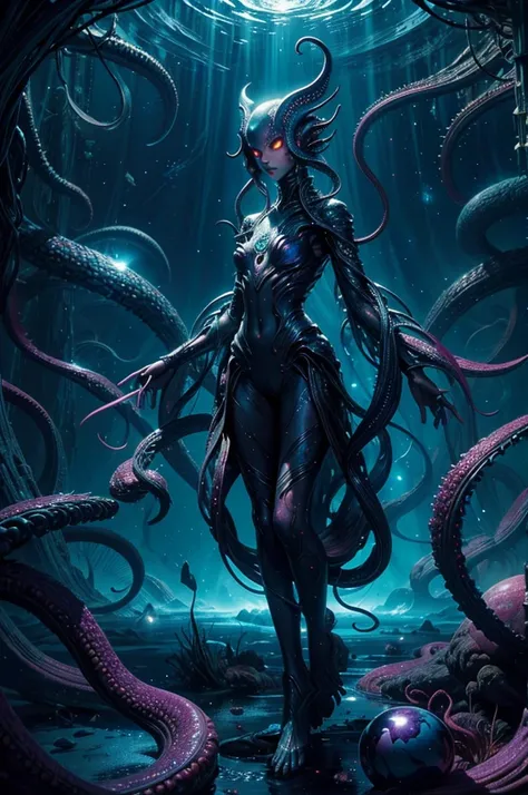 vivid, high-res painting, alien creatures, darkly colored, mysterious, glowing eyes, ethereal, surreal, otherworldly, floating, tentacles, multiple limbs, shimmering skin, intricate details, fantastical environment, sparkling stars, cosmic backdrop, vibran...