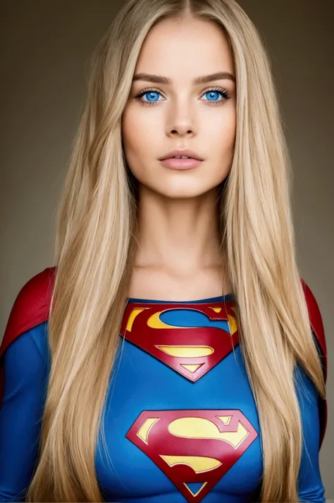  Ultra-realistic close-up of a young woman , a Supergirl,  with long, smooth hair in a shade of bright blonde that falls over her shoulders .  Her skin is clear and smooth ,  emitting a healthy glow .  She has intense blue eyes ,  expressive and determined...