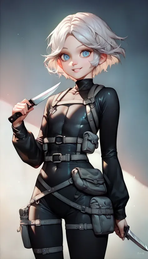 (((Extreme detailed))), 1pretty girl, (pale skin, blue eyes, baggy eyes), (((white hair, parted bangs, short hair))), (((flat chest))), (((black bodysuit, long sleeves, pouch belts, belts, light armor))), smile, wide hips, ((holding knife))