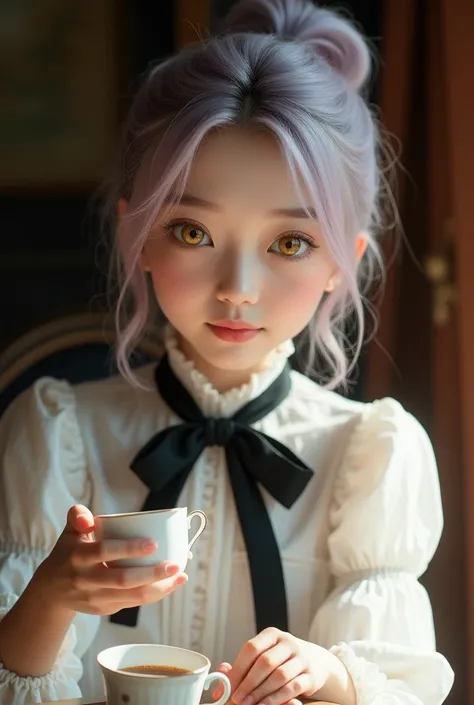 (golden yellow eyes, beautiful eyes, detailed eyes), (1 girl), upper body, (having tea time at a victorian style living room), ((front ponytail), [short hair], (lilac hair)), sitting, table, gentle smile, relaxed, ((medieval)), (looking viewer), (small_fac...