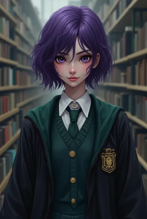  3 girls from Hogwarts one slythering with purple hair that is short short she is short a little bit wide green tie ,Another one by Ravneclaw with long black hair and white skin blue cobarta and another one by Griffindor with long black hair curly taller d...