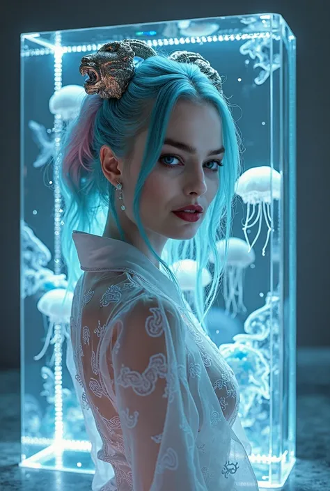 Photo,  Realistic , refraction of light, ((jellyfish illustration acrylic, built into table)), llngsh And 1920s geisha, Margot Robbie as, kimono jellyfish look like they are swimming in Chinese letter panterns that SPell ni hao, deep blue and light blue gr...