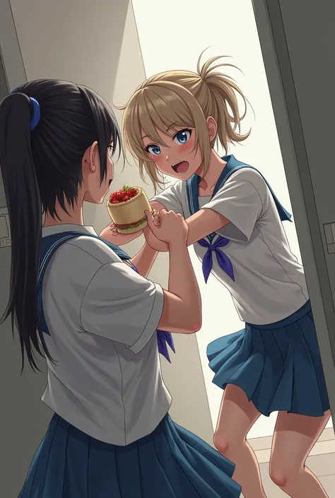 A girl aggressively snatching food from another girl in a corridor 