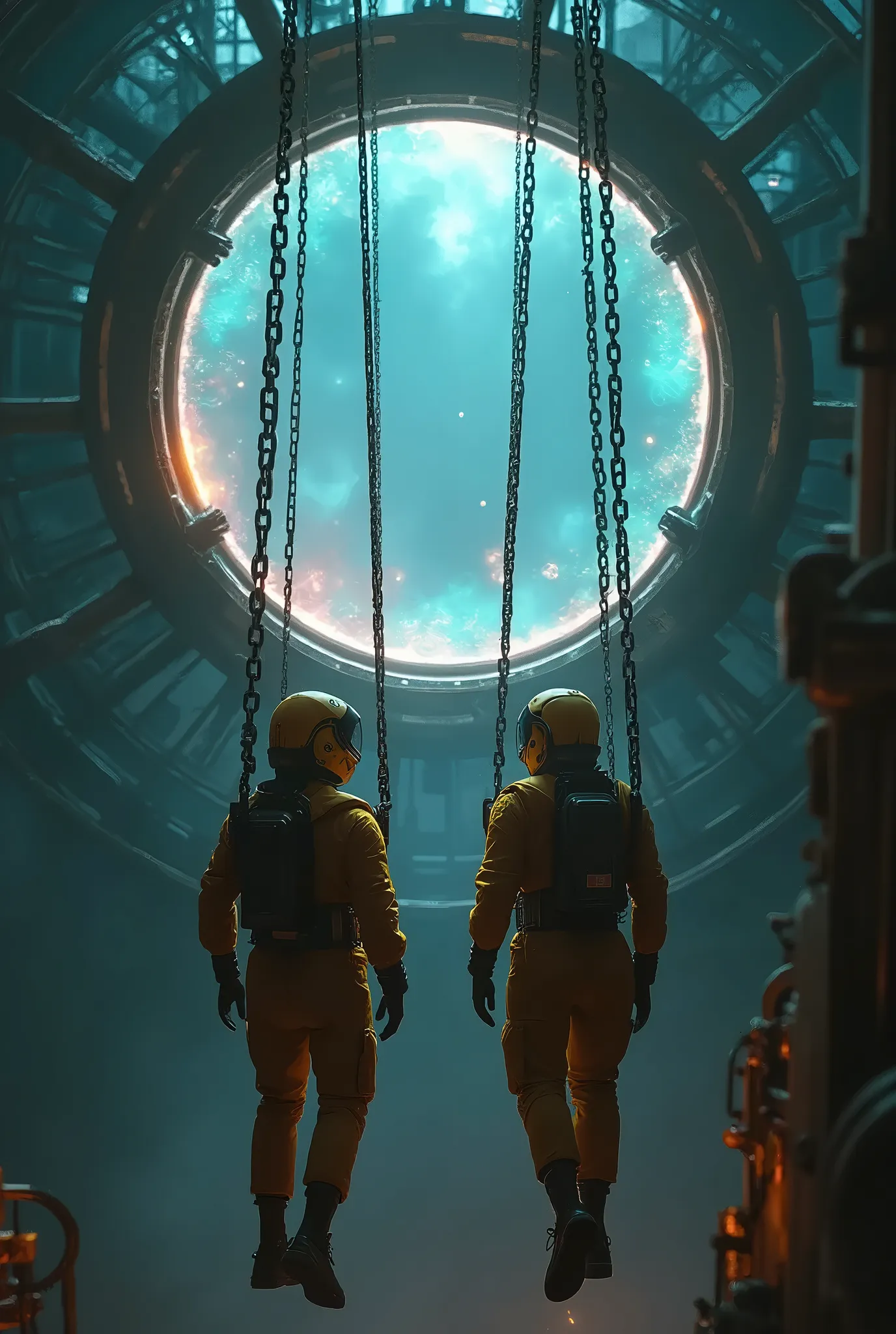 men wearing an anti-radiation suit ,  inside a cage held by thick and strong chains suspended many meters above the ground, looking at a large portal to another dimension ,  the portal has iridescent colors rotating ,  around the portal is made of metal with sophisticated gears ,  the whole image is surreal you are in front of a portal to another dimension in a surreal landscape ., Surrealism, chiaroscuro, depth of field, cinematic lighting, motion blur, SPARKLE, UHD, Retina, masterpiece, Accurate,  anatomically correct , textured skin, Super detail, high details,  high quality ,  award winning , best quality, highres, bad X