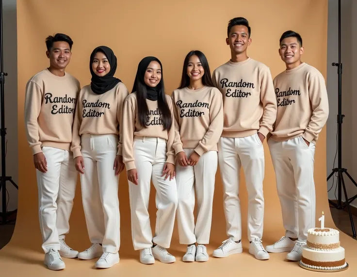  five pairs of young Indonesian lovers wearing couple clothes , switer top with the inscription random editor in black ,wearing white trousers,wearing white sneakers,the girl wearing hijab , is in the right area of the studio fhoto , walpaper that says hap...