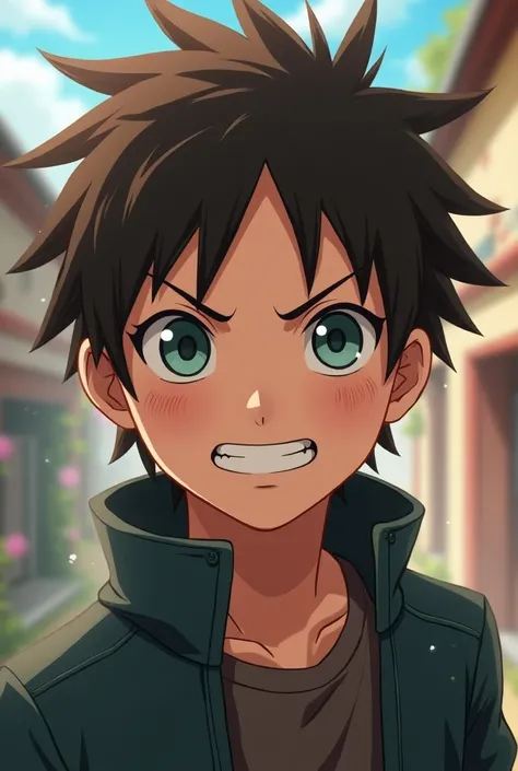 Male character boy ,  in the style of the anime Naruto ,  wavy brown hair written on it,  with teal eyes, parts,  WITHOUT EYEBROWS, dark circles around and mischievous