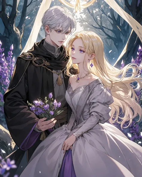 Couple two people with different color hair: women intense golden hair and man white hair, they both think they are rivals but they love each other, it is important that she has blonde hair and he has silver hair ((masterpiece+Best Quality+ultra detailed+8...