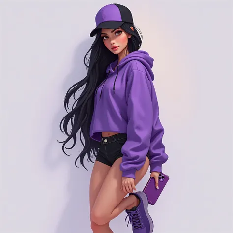 Womens long black hair brown eyes purple sweatshirt short black shorts purple shoes black and purple cap with a samsu purple phone