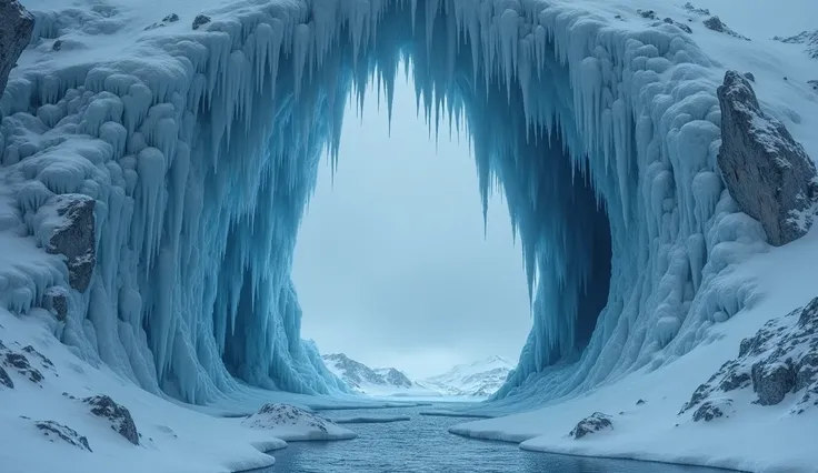 Prompt: A dark, ominous icy cave or crevice in Antarctica, suggesting hidden tales. Ultra-high-definition, realistic, cinematic shadows and cold blue tones.
