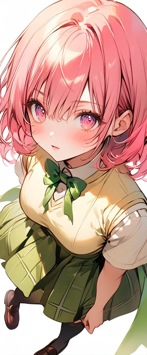 1 female、Pink Hair、 shortcuts、 pink eyes、uniform、 yellow sleeveless sweater、White short-sleeved shirt、green ribbon around the neck、green plaid mini skirt 、 black knee-highs、 brown loafers 
