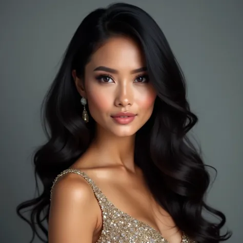 Indonesian Woman World Top Model, Miss Universe, Beauty Face, Ultra HD, Highly Detailed, Detailed Face, Detailed Hair, Detailed Skin, Photoshoot at Studio, Grey Background, Zoom Face, Wearing Fancy Dress, Bold Makeup, Long Hair, Black Hair, Wavy Hair