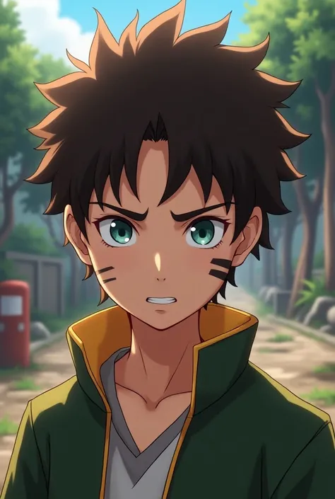 Male character boy ,  in the style of the anime Naruto ,  wavy brown hair written on it,  with teal eyes, parts,  WITHOUT EYEBROWS, dark circles around and mischievous