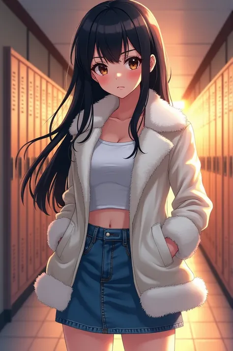  Create a anime-style image of a 16-year-old girl named Lívia .  She has long black hair that falls in soft waves over her shoulders and fair skin.  Her eyes are dark brown and expressive ,  with an intense and secure look .  She wears a white fur coat tha...