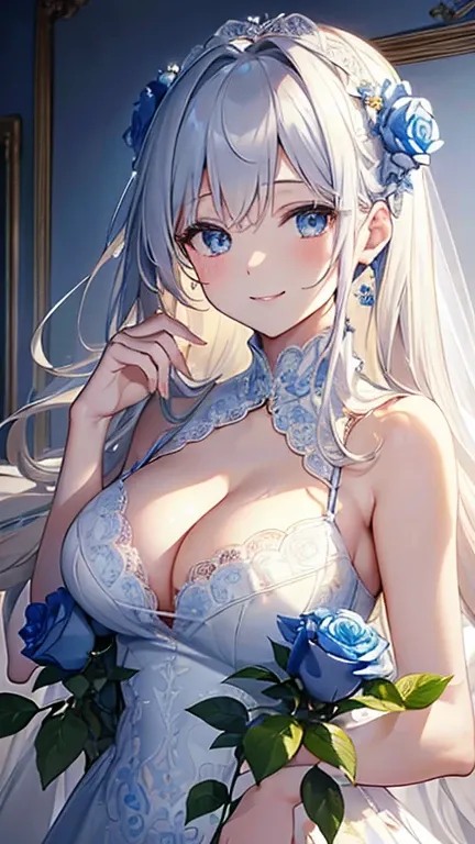 (Best Quality)),( ultra high resolution),(Super detailed),( detailed description),(( best CG )),(masterpiece),極めて精細なart,( art:1.5), (A woman in a pure white dress with a lace pattern:1.3), beautiful face:1.4,(smile:1.3), sparkling jewelry:1.2, ( blue roses...