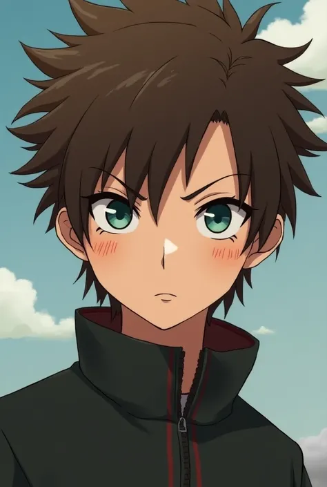 Teenage male character,  in the style of the anime Naruto ,  wavy brown hair written on it,  with teal eyes, parts,  WITHOUT EYEBROWS, dark circles around and mischievous