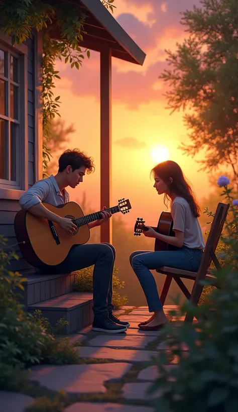  Young man playing the guitar on the porch of his house at sunset: A young woman sitting on the porch ,  with the sun setting in the background .  She plays an acoustic guitar ,  with a relaxed expression and a faint smile .  There are plants and flowers a...