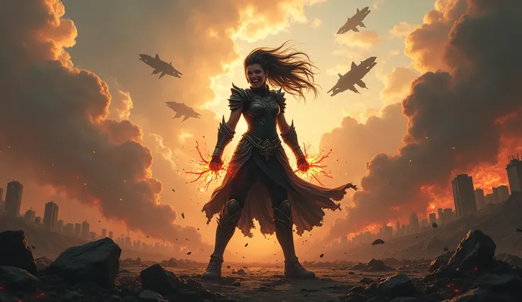  A powerful girl with a crazy smile in black armor watches the ashes of the world, dusk and smoke everywhere,  destroys enemies with magic ,  in the sky starships 