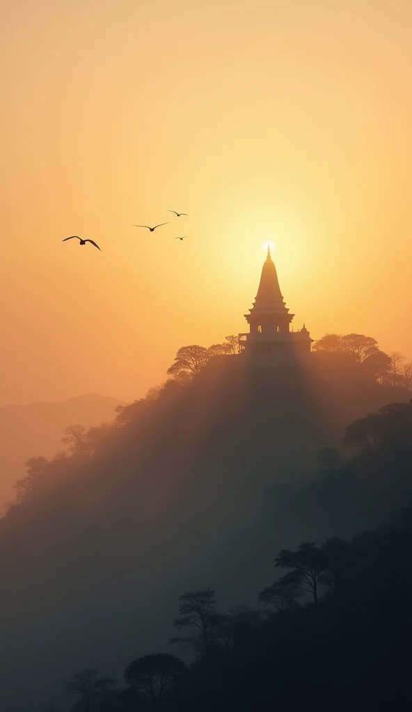 Tranquil Sunrise over a Holy Hill

. A serene hilltop is bathed in the soft golden light of dawn.
. A small temple of Lord Murugan stands on the hill, partially hidden by mist, with delicate rays of sunlight illu 
  minating its spire.
. Birds fly peaceful...