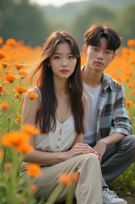   Beautiful 25-year-old Asian European woman with long brown straight hair blown away by the wind sitting in a field with orange flowers. This guy is wearing a white top with a plaid shirt on it , gray pants , and white sneakers. The background is blurry, ...