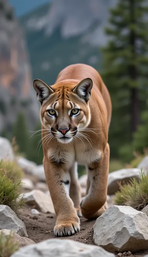 A graceful and muscular cougar with light brown fur, walking elegantly among the rocks of the Rocky Mountains. Its steady gaze and smooth movements stand out in the rugged landscape, with scattered trees and cliffs in the background