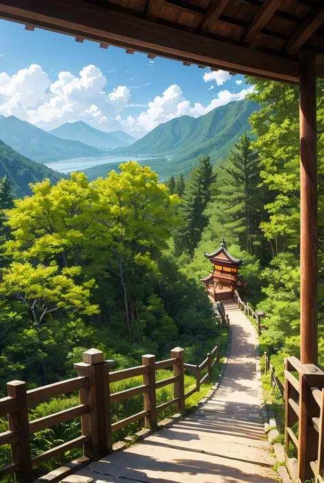 Beautiful forest mountain, wooden japanese entrance shrine, a long stone stairway going up the mountain, birds in the sky, sunny day, clouds, forest trees