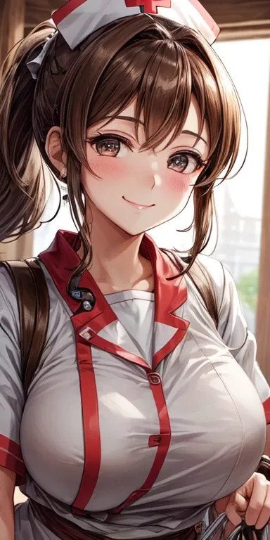 (Best Quality:1.3),  brown ponytail,  big breasts at the temple,  clevis,  nurse uniform, smile, (throw,  close-up shot )