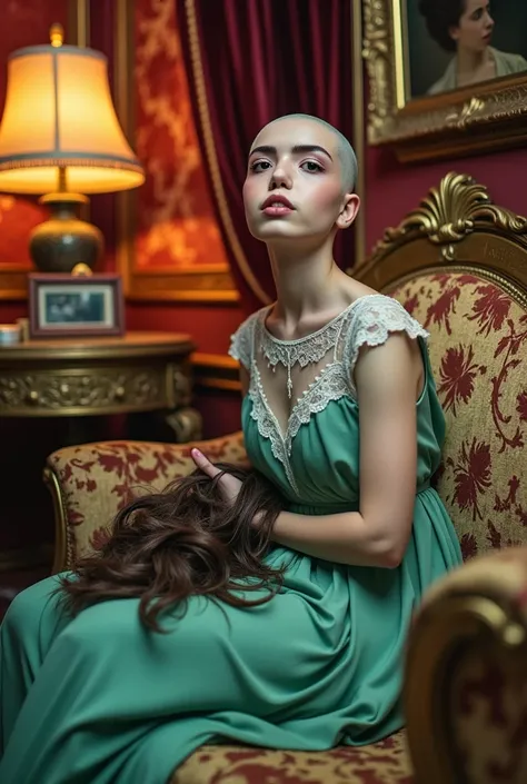 (She is looking at the viewer, visibly excited), the scene is a surreal, luxurious image of a woman sitting elegantly on a lavish, baroque-style couch with ornate golden carvings. She is dressed in a flowing, green dress with delicate lace details that cat...