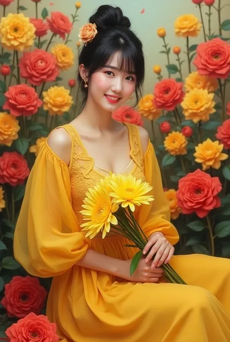 Photorealistic cinematic acrylic painting, with beautiful Korean women with smooth white skin and perfectly maintained faces, black hair bun up Korean style with bangs,eye accessories looking at the camera posing smiling holding a bunch of yellow roses, we...