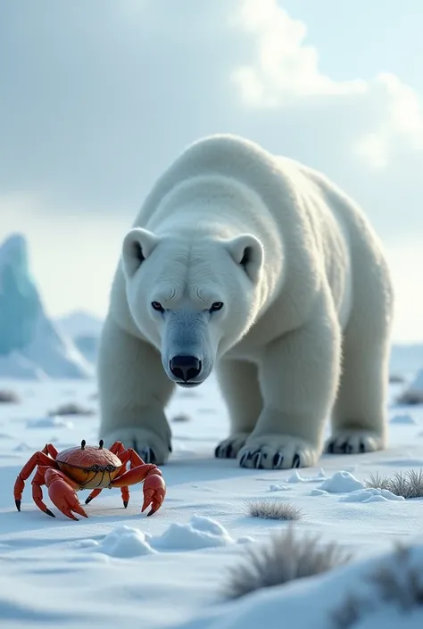 Realistically generate an image of a crab and a polar bear in the snow vertically