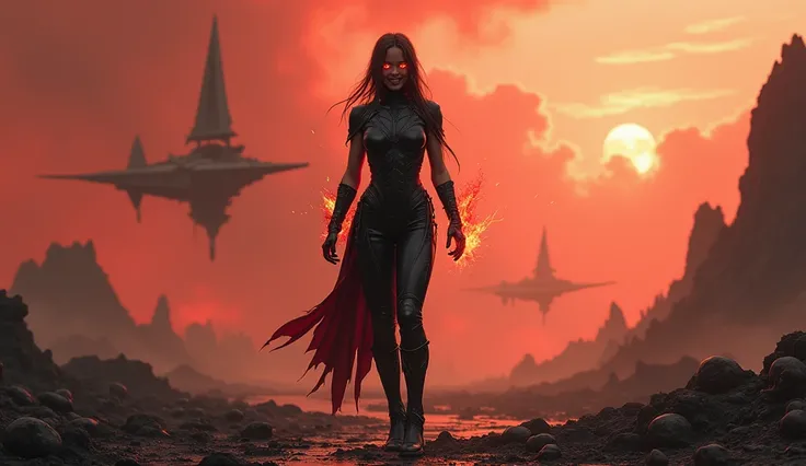  A powerful girl with a crazy smile in black armor watches the ashes of the world, dusk and smoke everywhere, bones and skulls on the ground,  destroys enemies with magic ,  in the sky starships 