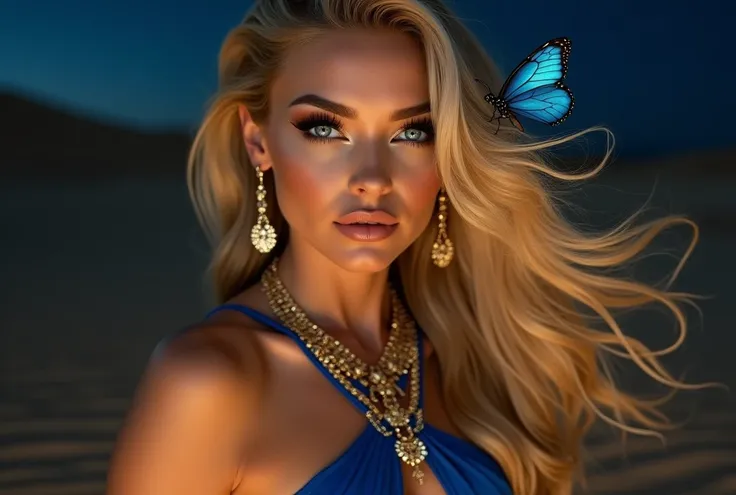 a beautiful woman with clear blue eyes, long blonde hair, heavy makeup with defined contours and golden highlighter, in a realistic, sexy pose, wearing a blue top and beige shiny jewelry, in a night desert background with a blue butterfly, (best quality,4k...