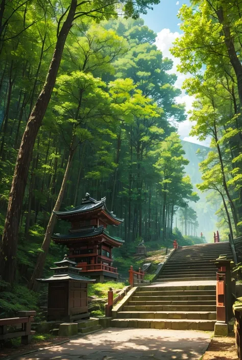 Beautiful forest mountain, wooden japanese entrance shrine, a long stone stairway going up the mountain, birds in the sky, sunny day, clouds, forest trees