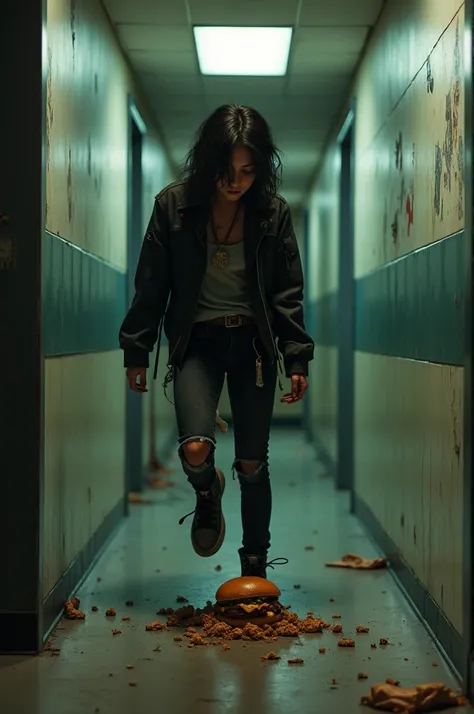 Teenager stepping on a hamburger in a hallway 