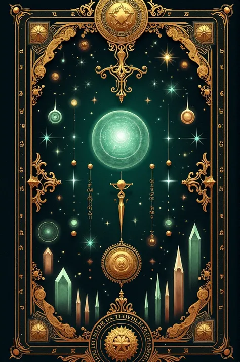  A wallpaper in the colors black, old gold and dark green containing crystals, to take, magic artifacts and runes 