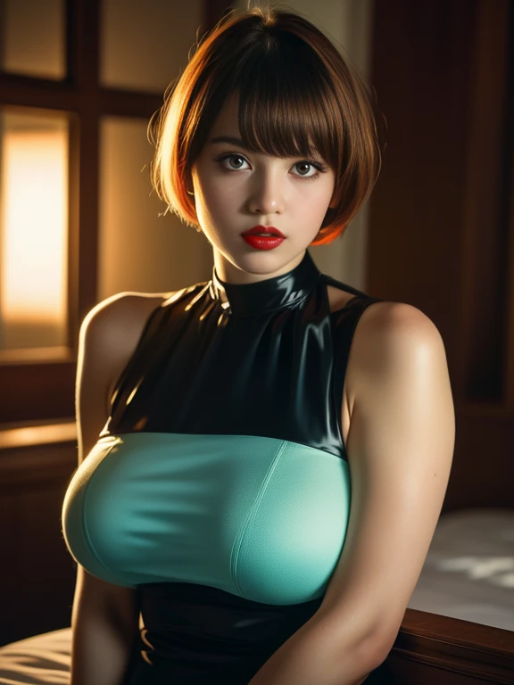 4K Quality, High Resolution, (Realistic photo:1.5), Raw photo, Absolute masterpiece, (Huge breasts:1.3), Beautiful skin, Detailed red lips, Bangs, Short bob, Ultra pretty girl,
Staring, Charms with gaze, Looking at the viewer, Upper body, Breasts is in the...