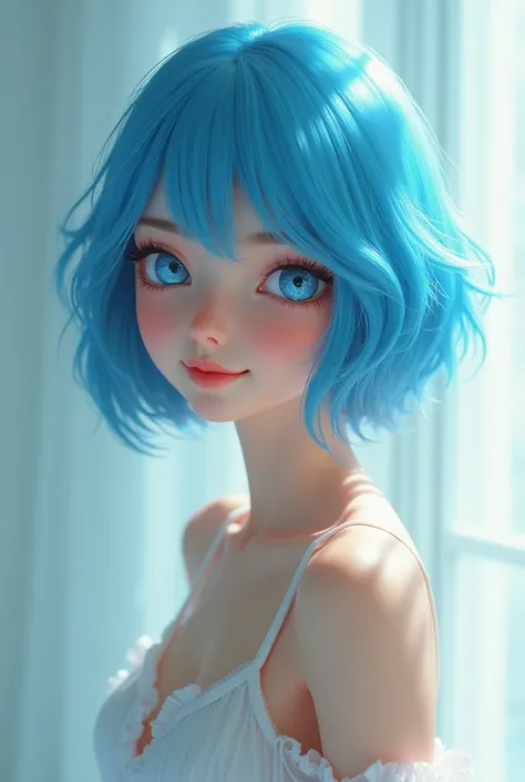 girl short hair blue hair blue eyes blue matching smile confident right limbs, Completely naked,