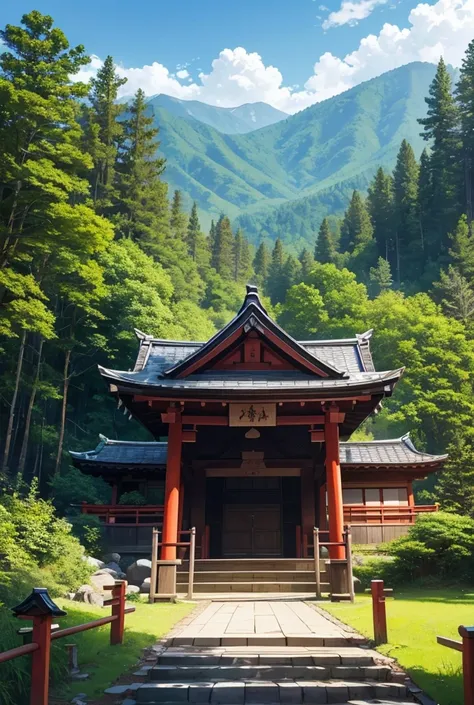 Beautiful forest mountain, wooden japanese entrance shrine, a long stone stairway going up the mountain, birds in the sky, sunny day, clouds, forest trees