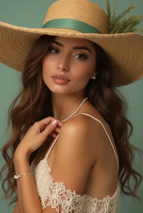  photograph of a beautiful woman hugging her shoulder with her hand  ,  has long hair and a straw hat with a sprig of aguayo,  with an elegant dress his hat has an ayayo ribbon and covers almost half of his left eye, He has a simple pearl necklace , Do you...