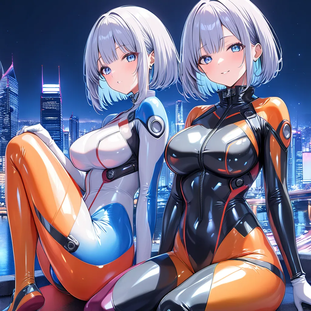 (multiple girls),(最high image quality, 8k, masterpiece:1.3), (24 years old:1.5), (grey hair), ( bob cut ), (oblique sky blue eye...