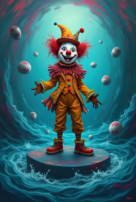 Create a clown 
with bright and striking colors that you are standing on a painting and in the painting there is a spiral with water and in the water there are floating eyes. 