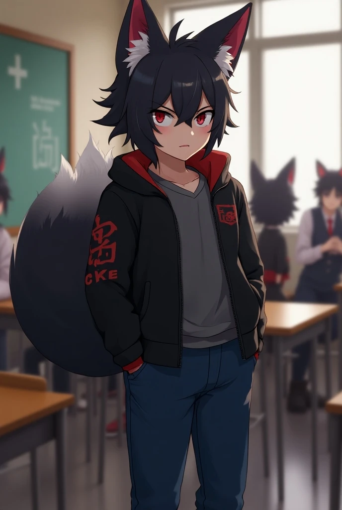 furry anime style black fox with a red pattern, wearing a black jacket, the left side of the jacket says kiken in Japanese, blue school trousers, undergarments, a school shirt and the back ground of the classroom, male gender, black eyes with red pupils, w...