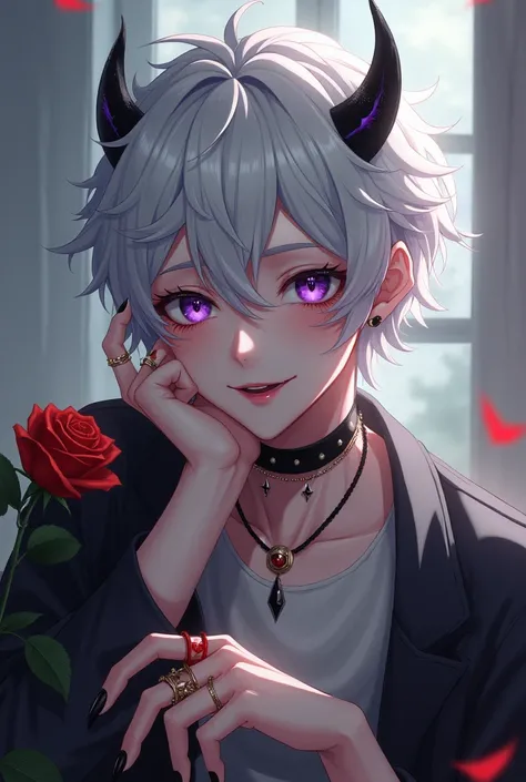 alone, looking at viewer, smile, short hair, open mouth, 1boy, jewelry, gentle face, purple eyes, flower,Sitting white hair, male focus, medium wavy Muller hairstyle horns, choker, nail polish, blood, rose, fangs , ring, demon horns, black nails, blood on ...