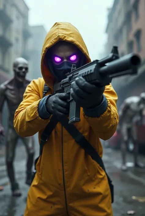 Hazmat purple eyes and gun and zombie 